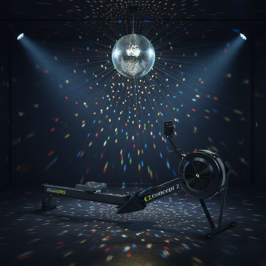 Ruderergometer Concept2 RowErg in einem dunklen Raum, beleuchtet von einer Disco-Kugel mit bunten Lichtreflexen.